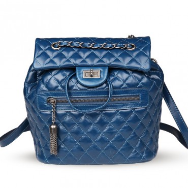 Rosaire « Claudette » Quilted Glazed Cowhide Leather Flap Backpack Bag in Blue Color 76181