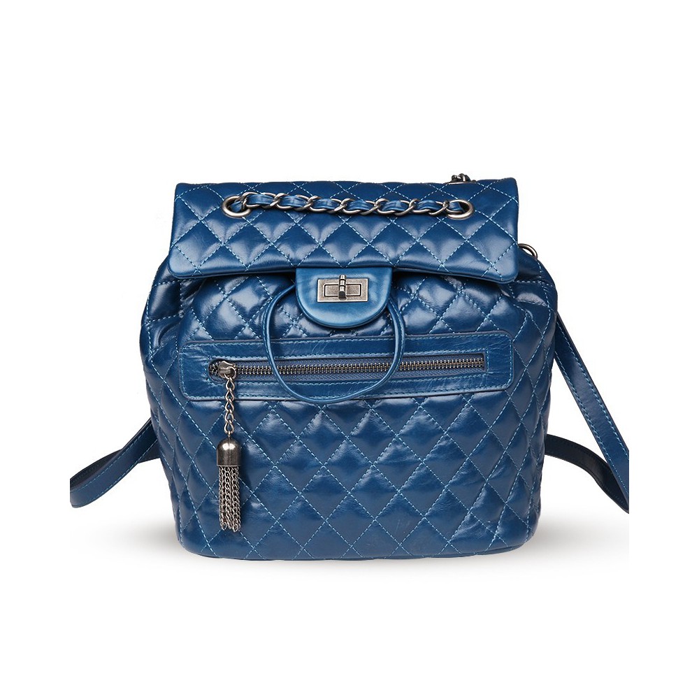 Rosaire « Claudette » Quilted Glazed Cowhide Leather Flap Backpack Bag in Blue Color 76181