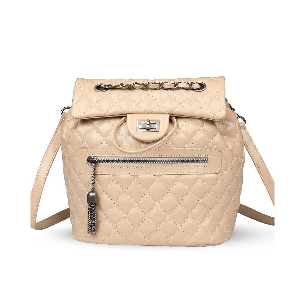 Rosaire « Claudette » Quilted Glazed Cowhide Leather Flap Backpack Bag in Apricot Color 76181