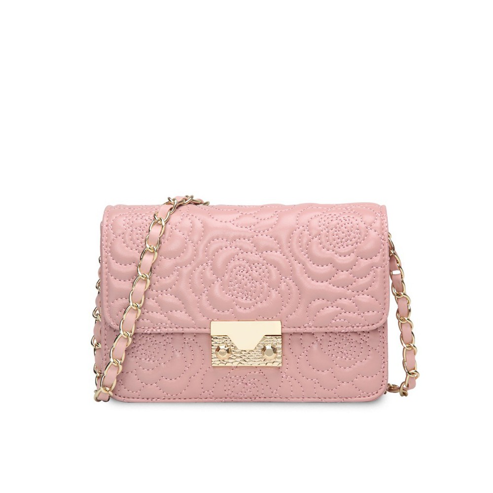 Rosaire « Raymonde » Lambskin Leather Shoulder Bag with Embroidered Camellia Flower Pattern in Pink Color / 76183