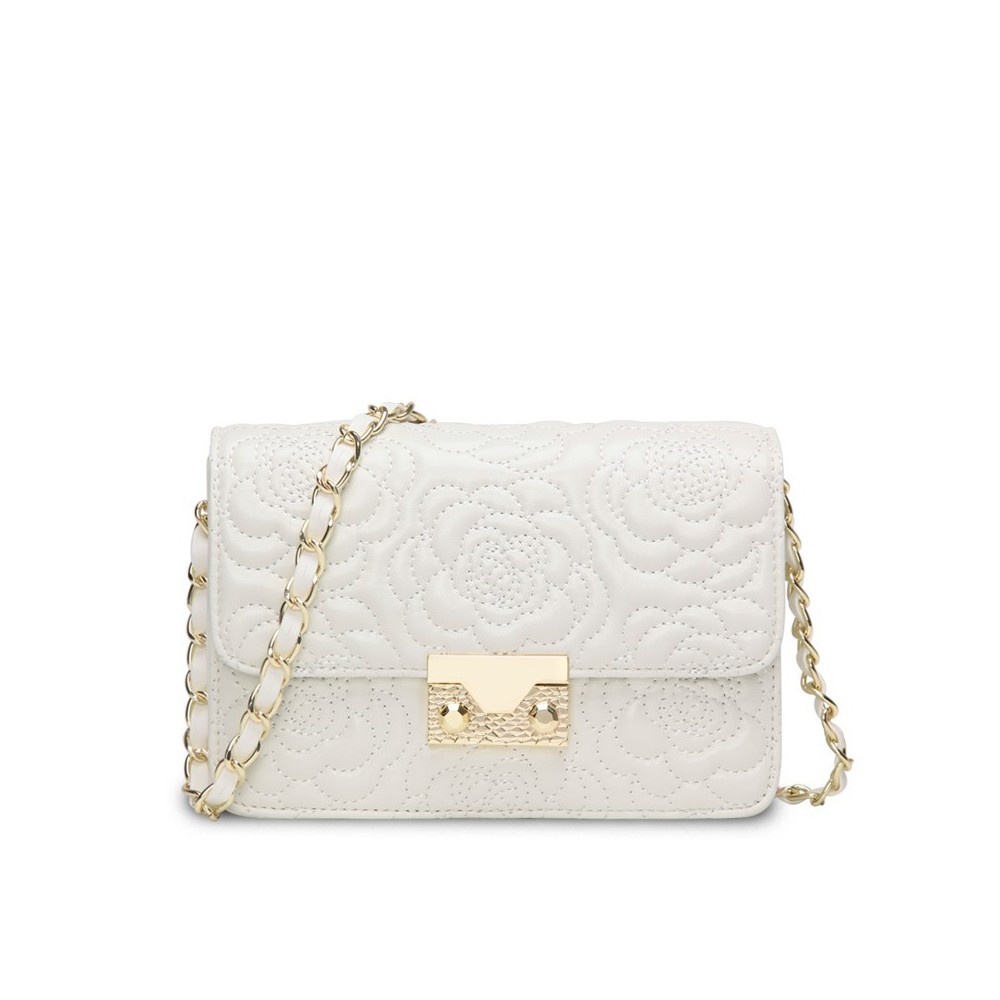Rosaire « Raymonde » Lambskin Leather Shoulder Bag with Embroidered  Camellia Flower Pattern in White Color / 76183