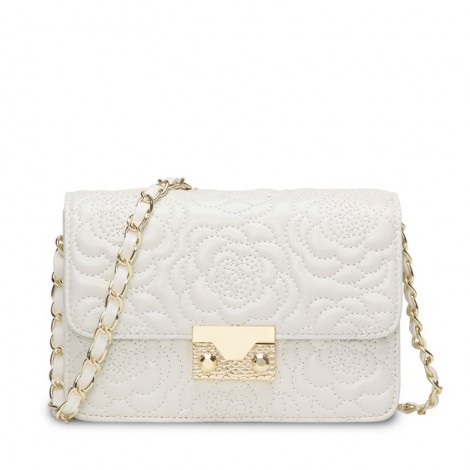 Rosaire « Raymonde » Lambskin Leather Shoulder Bag with Embroidered Camellia Flower Pattern in White Color / 76183