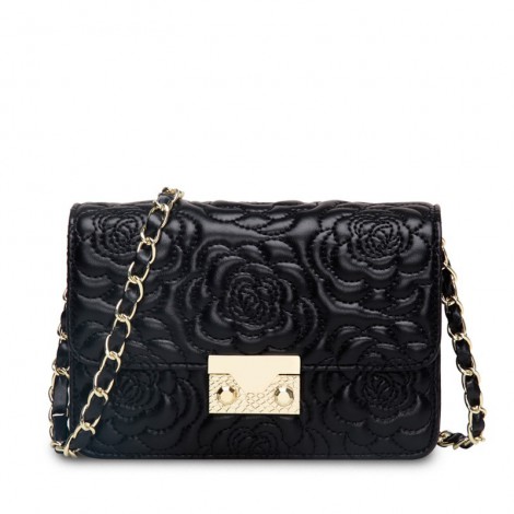 Rosaire « Raymonde » Lambskin Leather Shoulder Bag with Embroidered Camellia Flower Pattern in Black Color / 76183