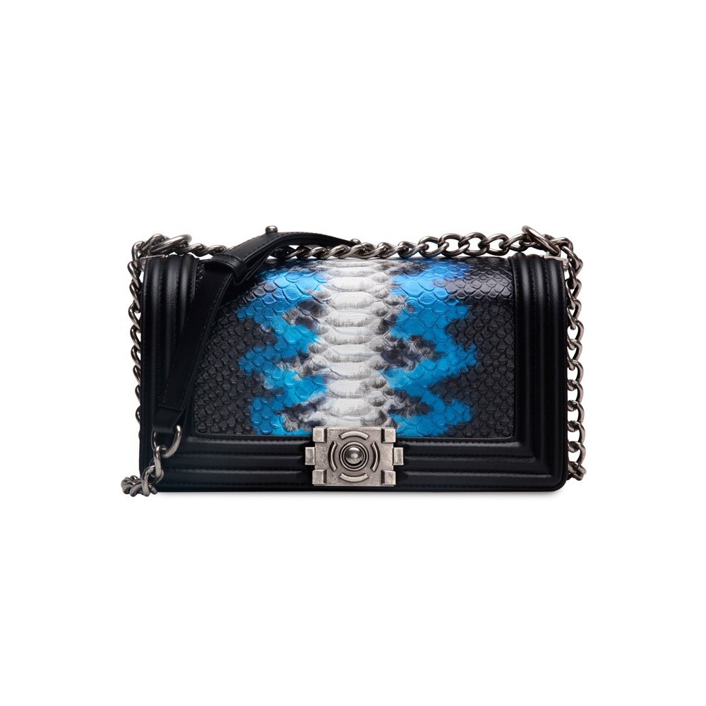 Rosaire « Soline » Shoulder Bag made of Cowhide Leather (Snakeskin Pattern) with Chain Link in Black Blue White Color / 76178