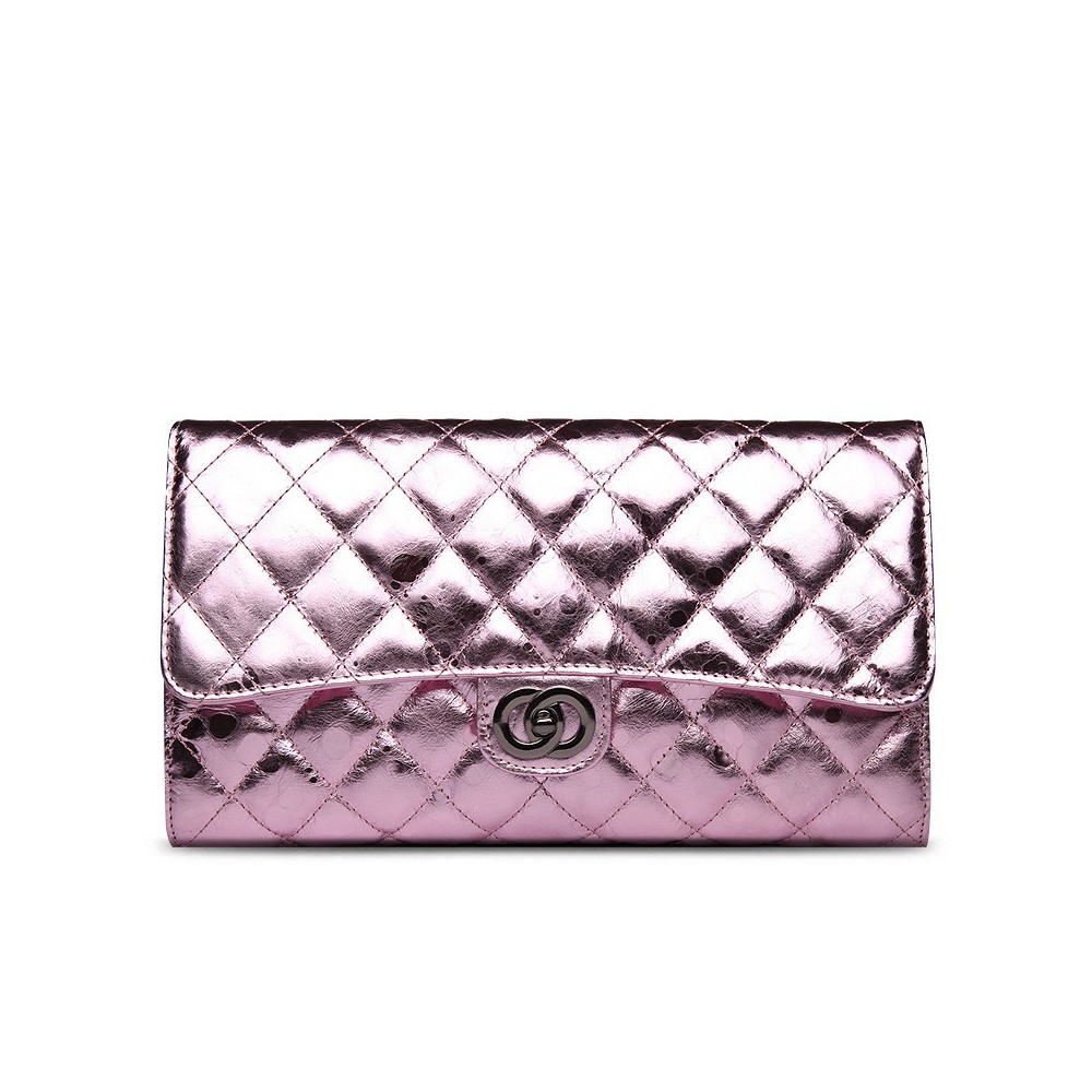 Rosaire « Jeanne » Quilted Metallic Clutch Bag Cowhide Leather with Shoulder Strap in Pink Color 75109