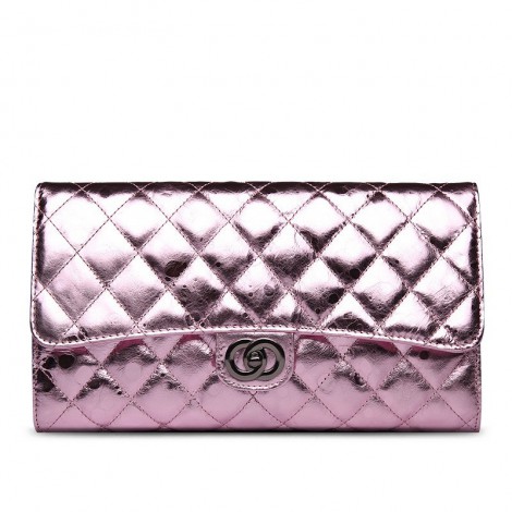 Rosaire « Jeanne » Quilted Metallic Clutch Bag Cowhide Leather with Shoulder Strap in Pink Color 75109