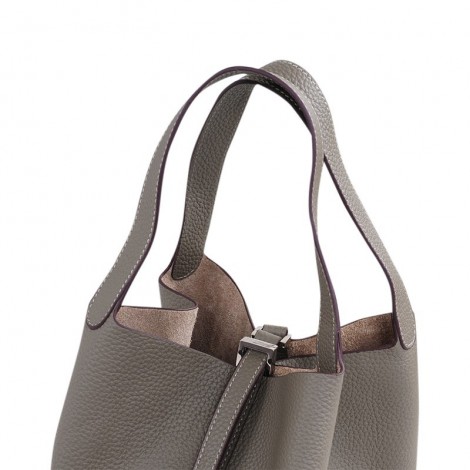 Rosaire « Agathe » Bucket Bag Made of Genuine Cowhide Leather with Padlock in Elephant Gray Color 76195