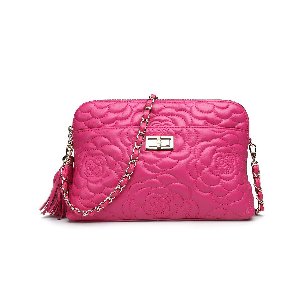 Rosaire « Louise » Bowling Bag Genuine Lambskin Leather with Camellia Flower Pattern in Hot Pink Color 76123