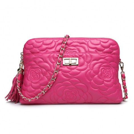 Rosaire « Louise » Bowling Bag Genuine Lambskin Leather with Camellia Flower Pattern in Hot Pink Color 76123