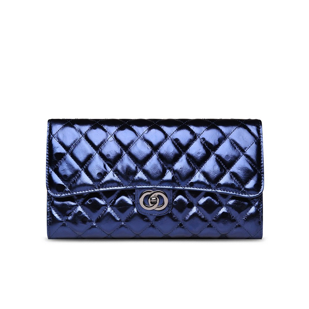 Rosaire « Jeanne » Quilted Metallic Clutch Bag Cowhide Leather with Shoulder Strap in Blue Color 75109