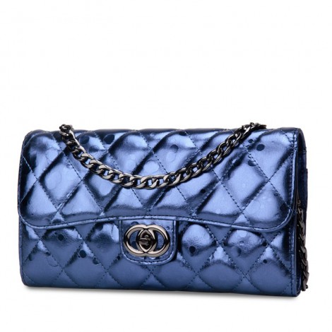 Rosaire « Jeanne » Quilted Metallic Clutch Bag Cowhide Leather with Shoulder Strap in Blue Color 75109