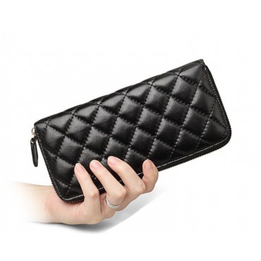 Rosaire « Hussarde » Quilted Lambskin Leather Zipper Wallet in Black Color 65122