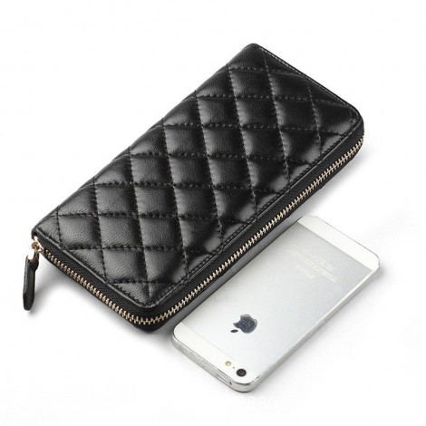 Rosaire « Hussarde » Quilted Lambskin Leather Zipper Wallet in Black Color 65122