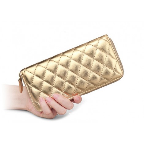 Rosaire « Hussarde » Quilted Lambskin Leather Zipper Wallet in Gold Color 65122