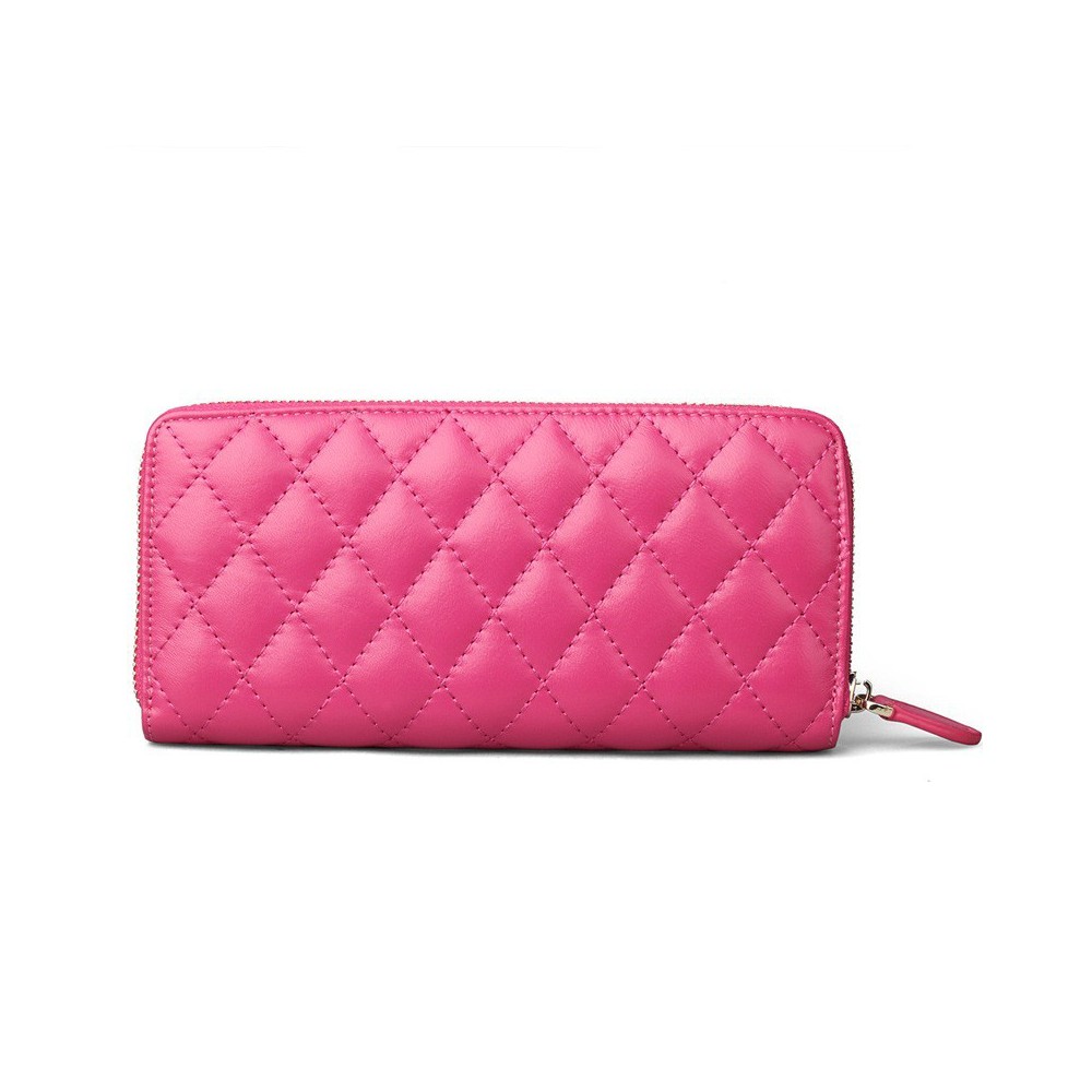 Rosaire « Hussarde » Quilted Lambskin Leather Zipper Wallet in Hot Pink Color 65122
