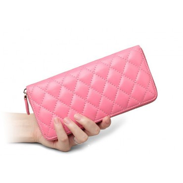 Rosaire « Hussarde » Quilted Lambskin Leather Zipper Wallet in Pink Color 65122
