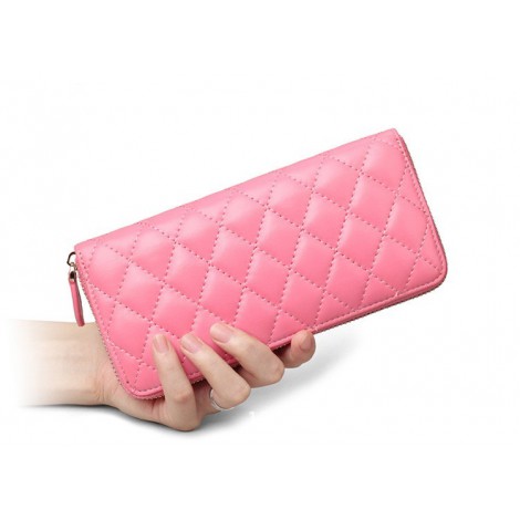 Rosaire « Hussarde » Quilted Lambskin Leather Zipper Wallet in Pink Color 65122