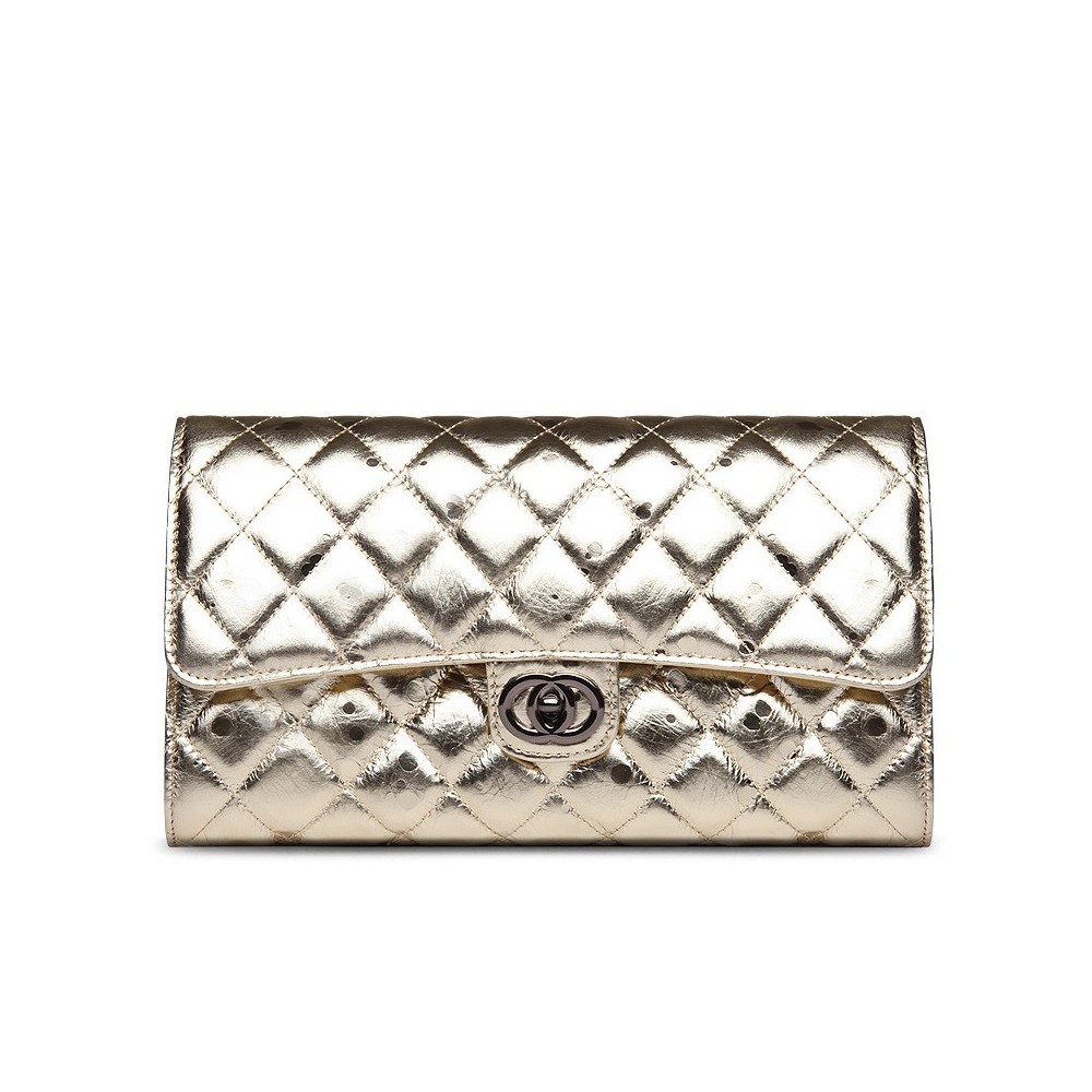 Rosaire « Jeanne » Quilted Metallic Clutch Bag Cowhide Leather with Shoulder Strap in Light Gold Color 75109