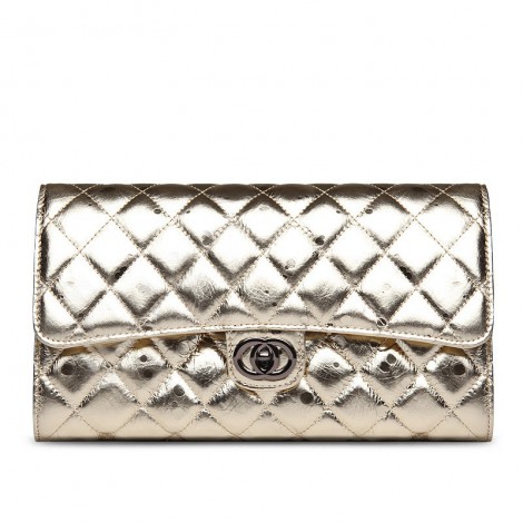 Rosaire « Jeanne » Quilted Metallic Clutch Bag Cowhide Leather with Shoulder Strap in Light Gold Color 75109