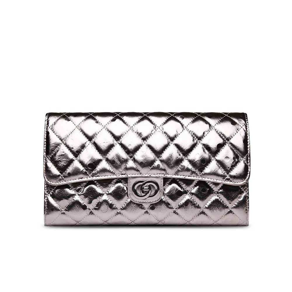 Rosaire « Jeanne » Quilted Metallic Clutch Bag Cowhide Leather with Shoulder Strap in Silver Color 75109