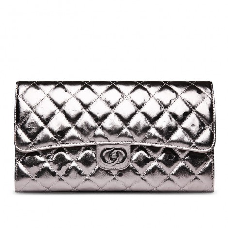 Rosaire « Jeanne » Quilted Metallic Clutch Bag Cowhide Leather with Shoulder Strap in Silver Color 75109