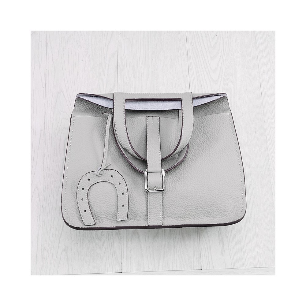 Rosaire « Fer à Cheval » Cowhide Leather Handbag in Light Gray Color 76204