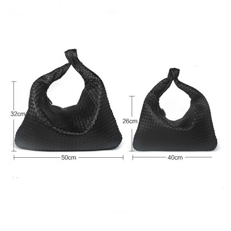 Delderci® « Santina » Intrecciato Lambskin Leather Hobo Bag in Black Color 88101