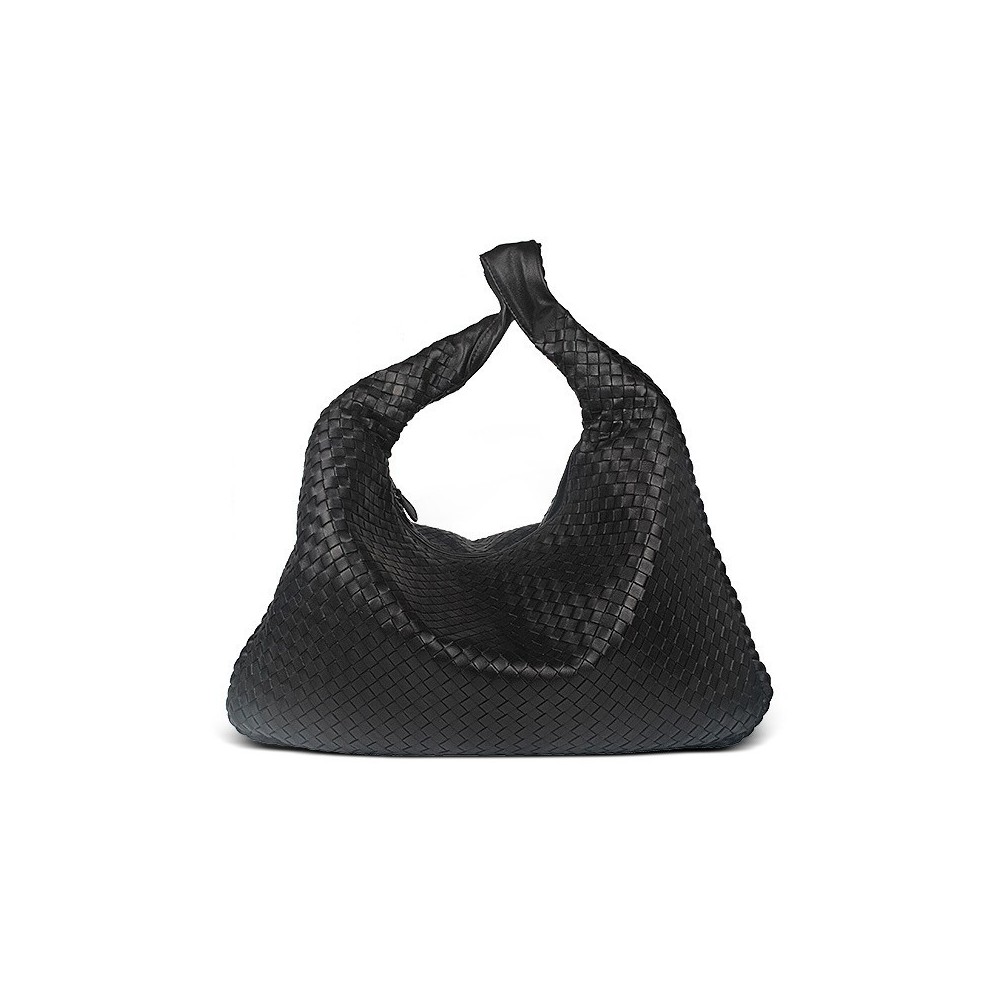 Delderci® « Santina » Intrecciato Lambskin Leather Hobo Bag in Black Color 88101