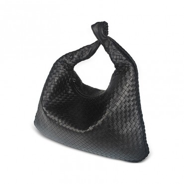 Delderci® « Santina » Intrecciato Lambskin Leather Hobo Bag in Black Color 88101
