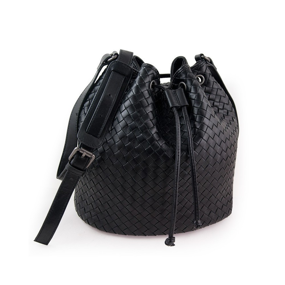Delderci® « Lucrezia » Intrecciato Lambskin Leather Bucket Bag with Drawstring Closure in Black Color 88102