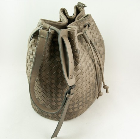 Delderci® « Lucrezia » Intrecciato Lambskin Leather Bucket Bag with Drawstring Closure in Khaki Color Gradient 88102
