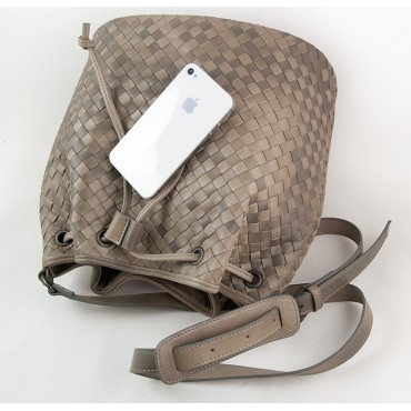 Delderci® « Lucrezia » Intrecciato Lambskin Leather Bucket Bag with Drawstring Closure in Khaki Color Gradient 88102