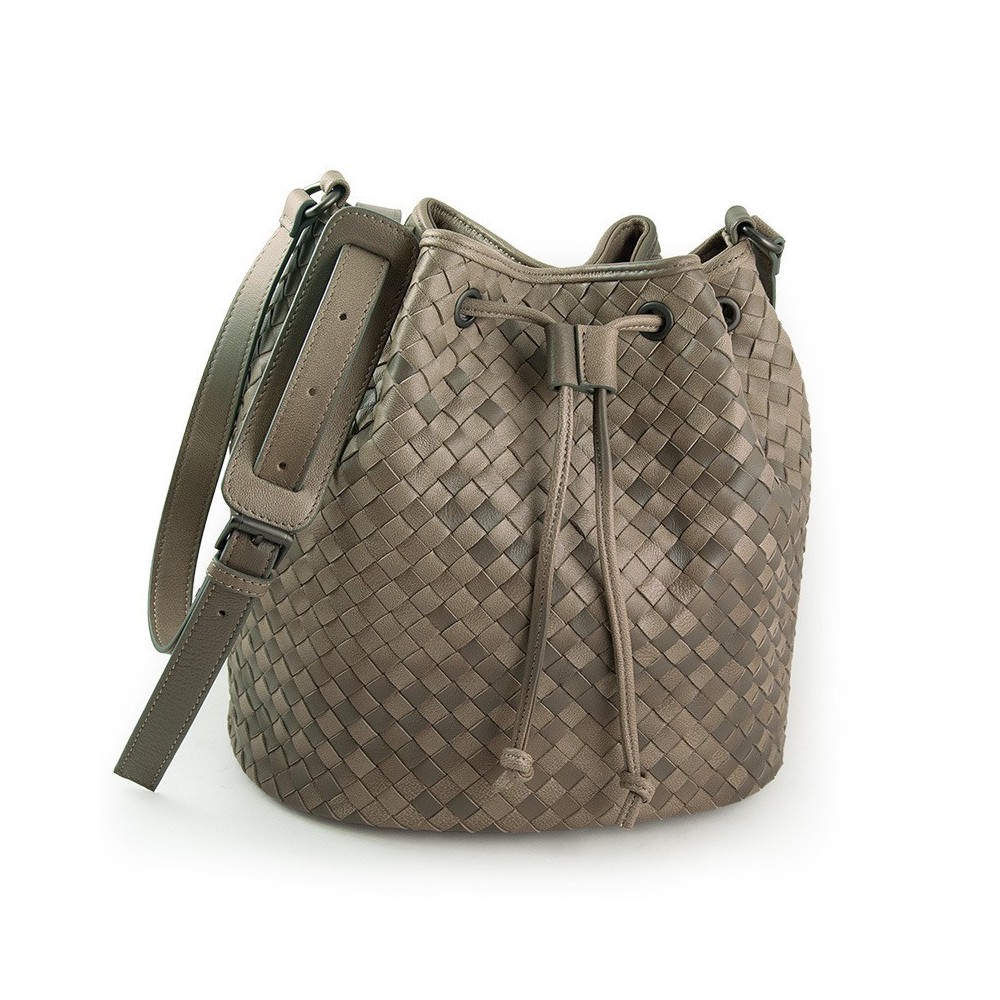 Delderci® « Lucrezia » Intrecciato Lambskin Leather Bucket Bag with Drawstring Closure in Khaki Color Gradient 88102