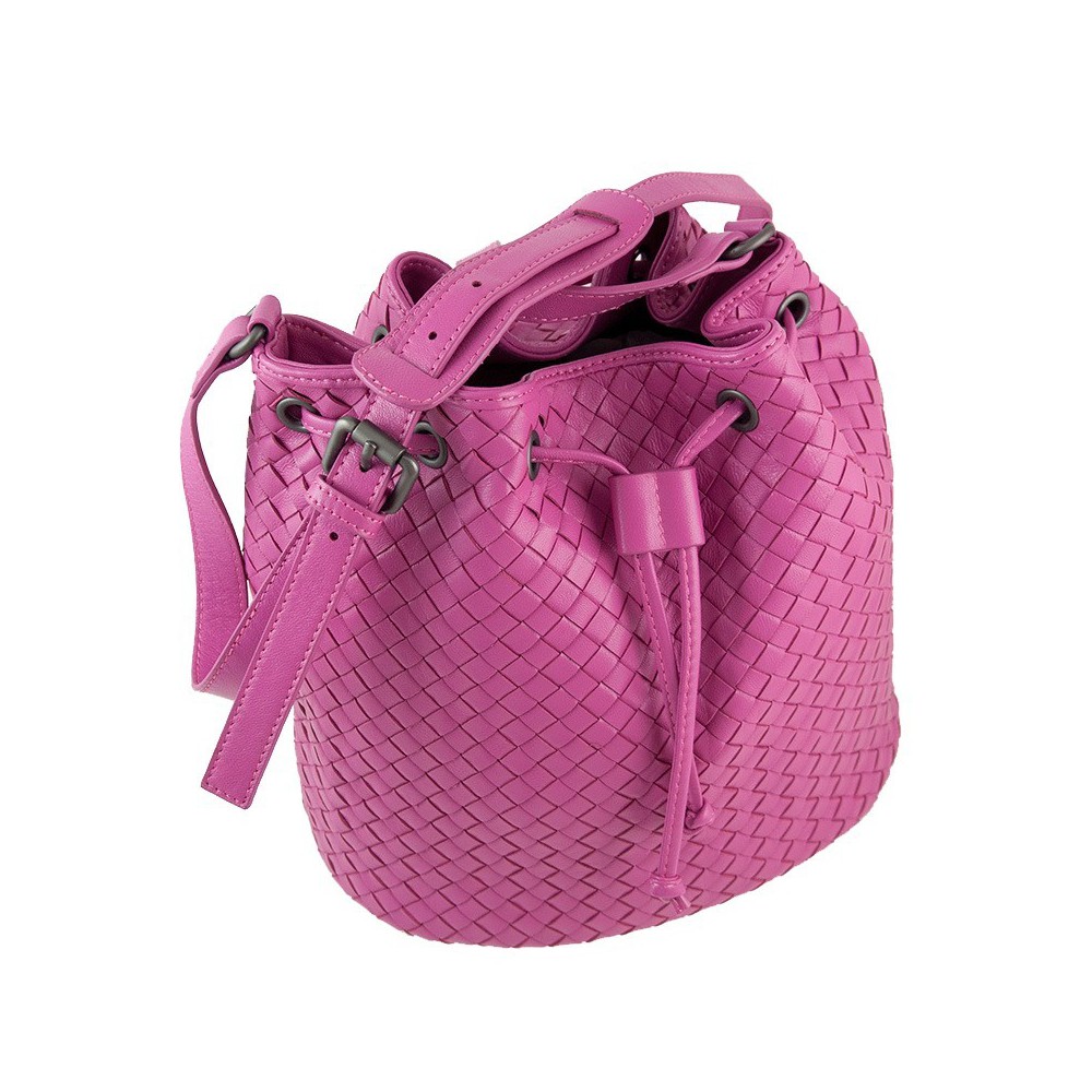 Delderci® « Lucrezia » Intrecciato Lambskin Leather Bucket Bag with Drawstring Closure in Pink Color 88102