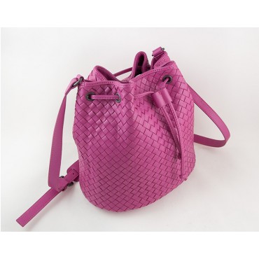 Delderci® « Lucrezia » Intrecciato Lambskin Leather Bucket Bag with Drawstring Closure in Pink Color 88102