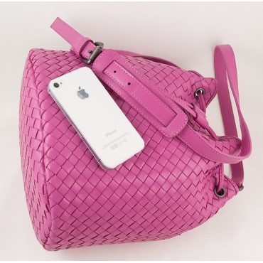 Delderci® « Lucrezia » Intrecciato Lambskin Leather Bucket Bag with Drawstring Closure in Pink Color 88102