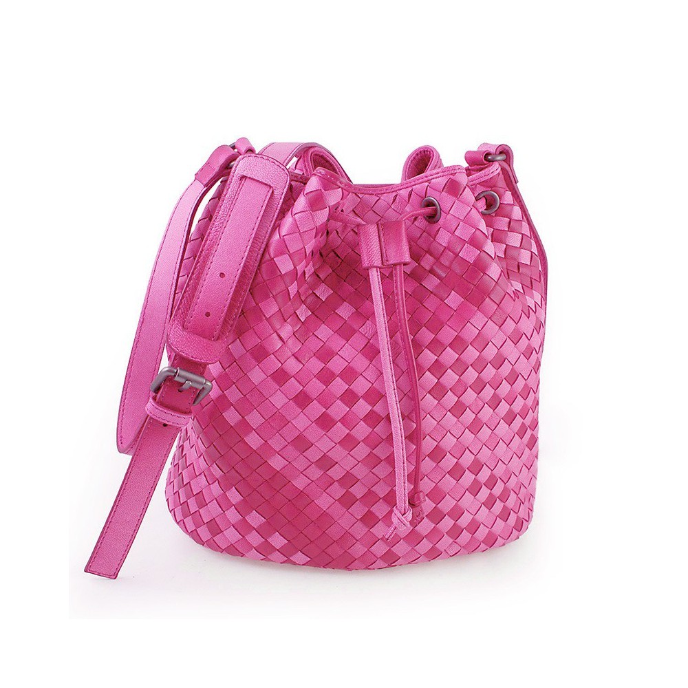 Delderci® « Lucrezia » Sac à Main Style Seau Intrecciato Cuir Agneau Tressé Main avec Fermeture Cordon Rose Dégradé 88102