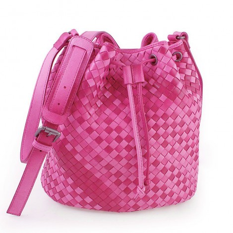 Delderci® « Lucrezia » Intrecciato Lambskin Leather Bucket Bag with Drawstring Closure in Pink Color Gradient 88102