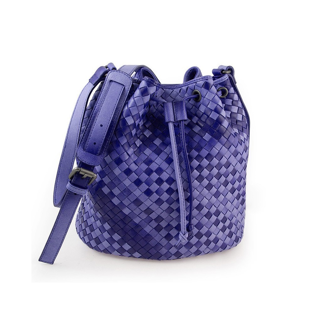 Delderci® « Lucrezia » Sac à Main Style Seau Intrecciato Cuir Agneau Tressé Main avec Fermeture Cordon Violet Dégradé 88102