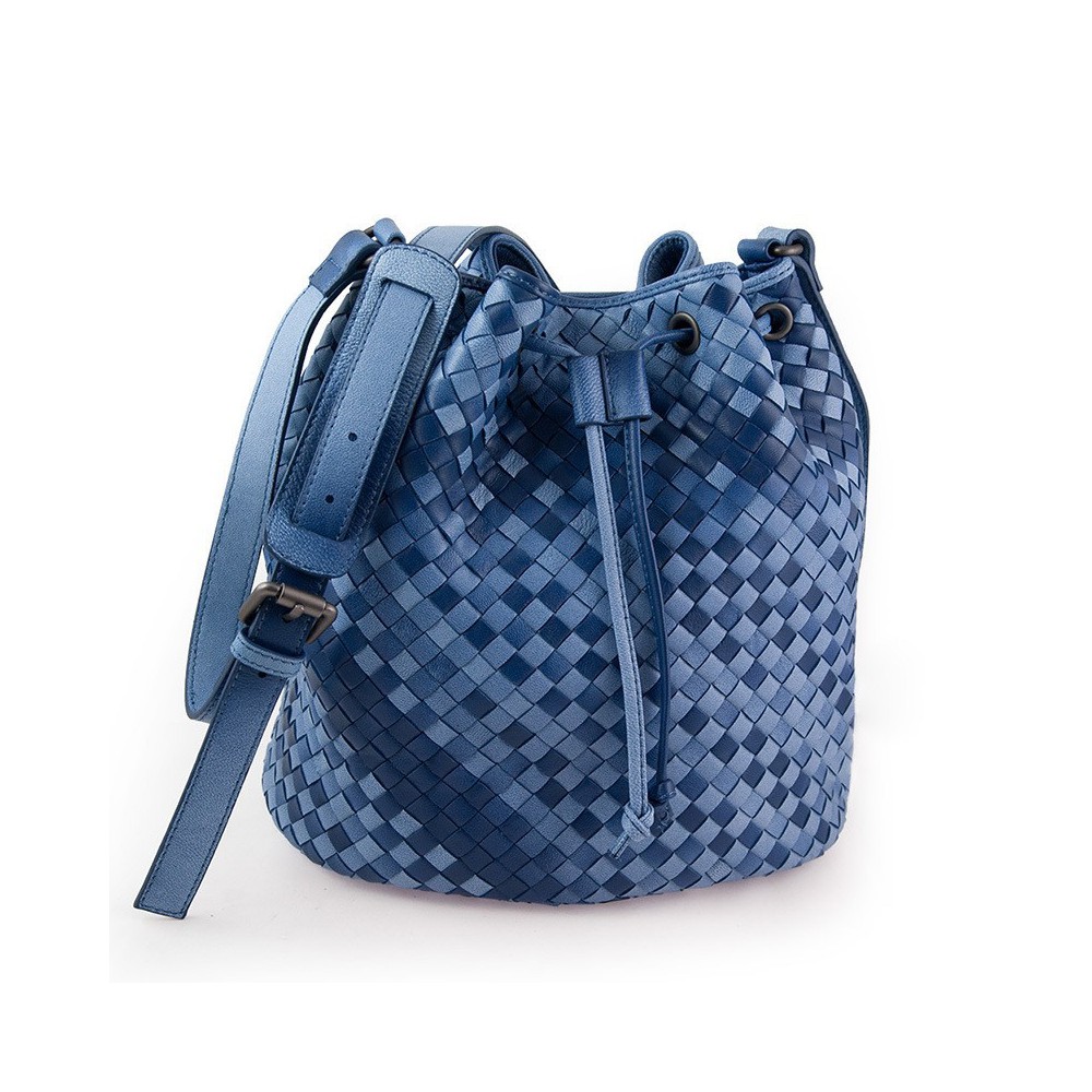 Delderci® « Lucrezia » Intrecciato Lambskin Leather Bucket Bag with Drawstring Closure in Blue Color Gradient 88102