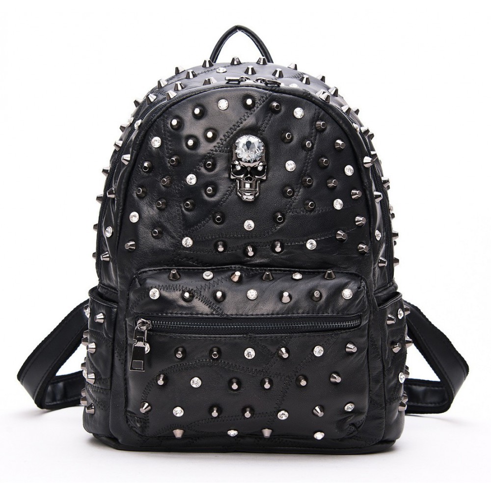 Rosaire « Meredith » Skull Studded Lambskin Leather Backpack in Black Color 76215