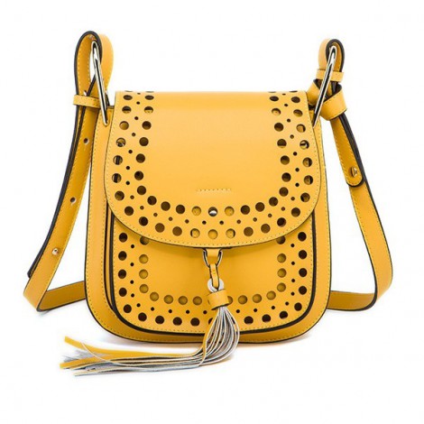 Rosaire « Brigitte » Perforated Shoulder Bag Made of Cowhide Leather in Yellow Color 76216