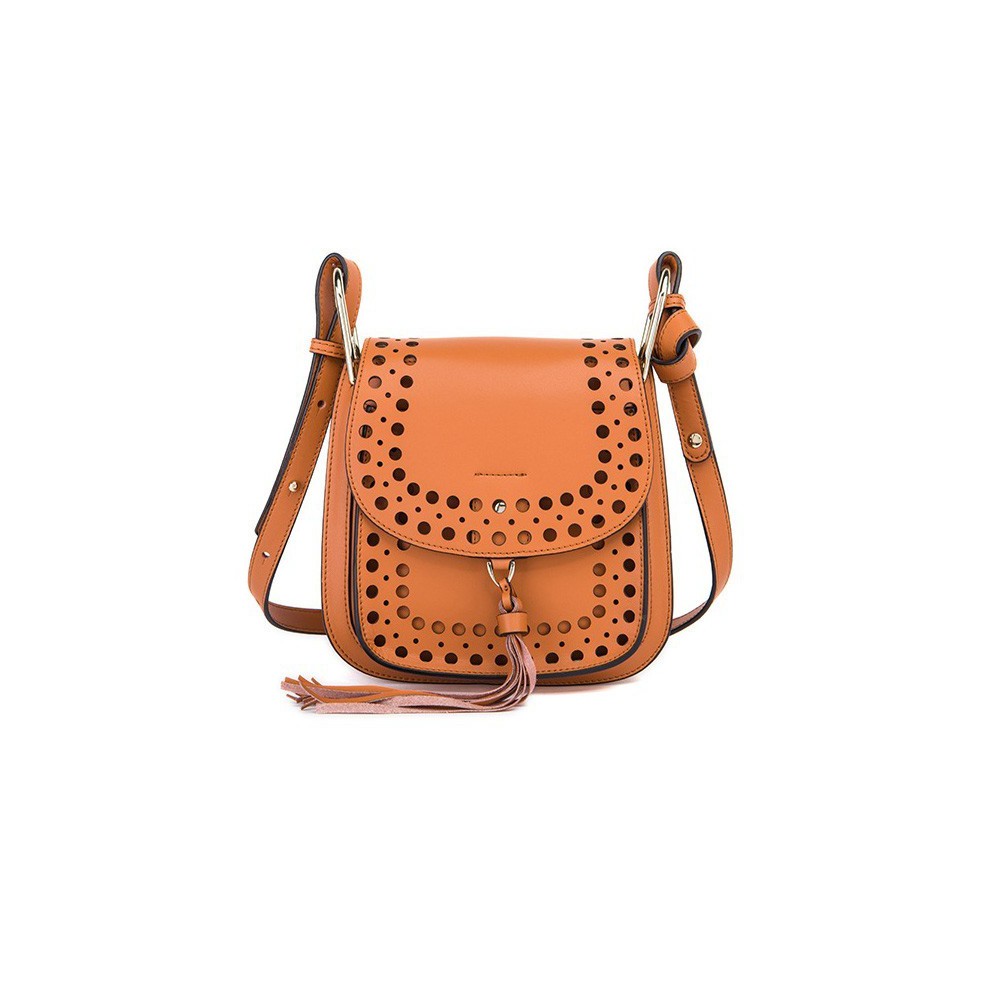Rosaire « Brigitte » Perforated Shoulder Bag Made of Cowhide Leather with Tassel in Orange Color 76216