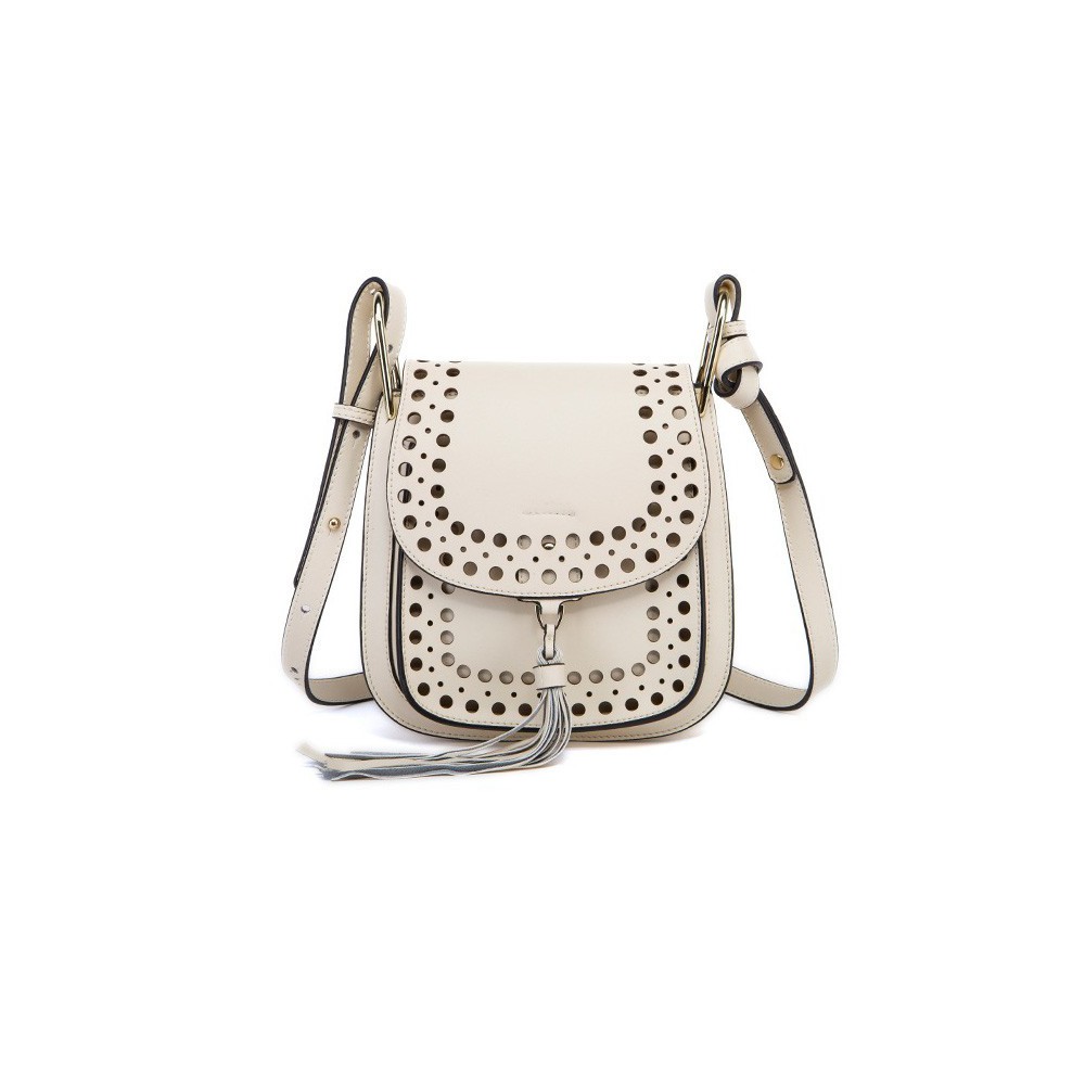 Rosaire « Brigitte » Perforated Shoulder Bag Made of Cowhide Leather with Tassel in White Color 76216