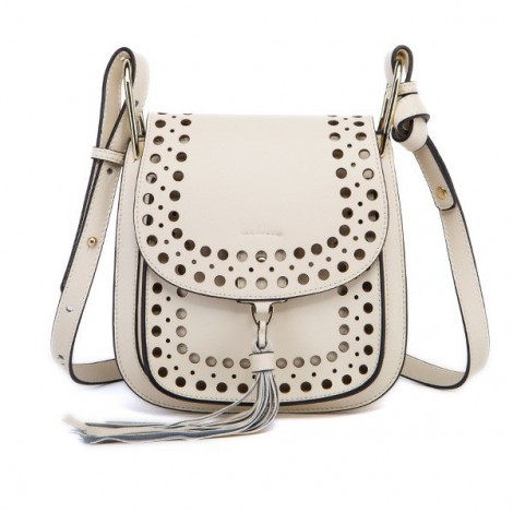 Rosaire « Brigitte » Perforated Shoulder Bag Made of Cowhide Leather with Tassel in White Color 76216