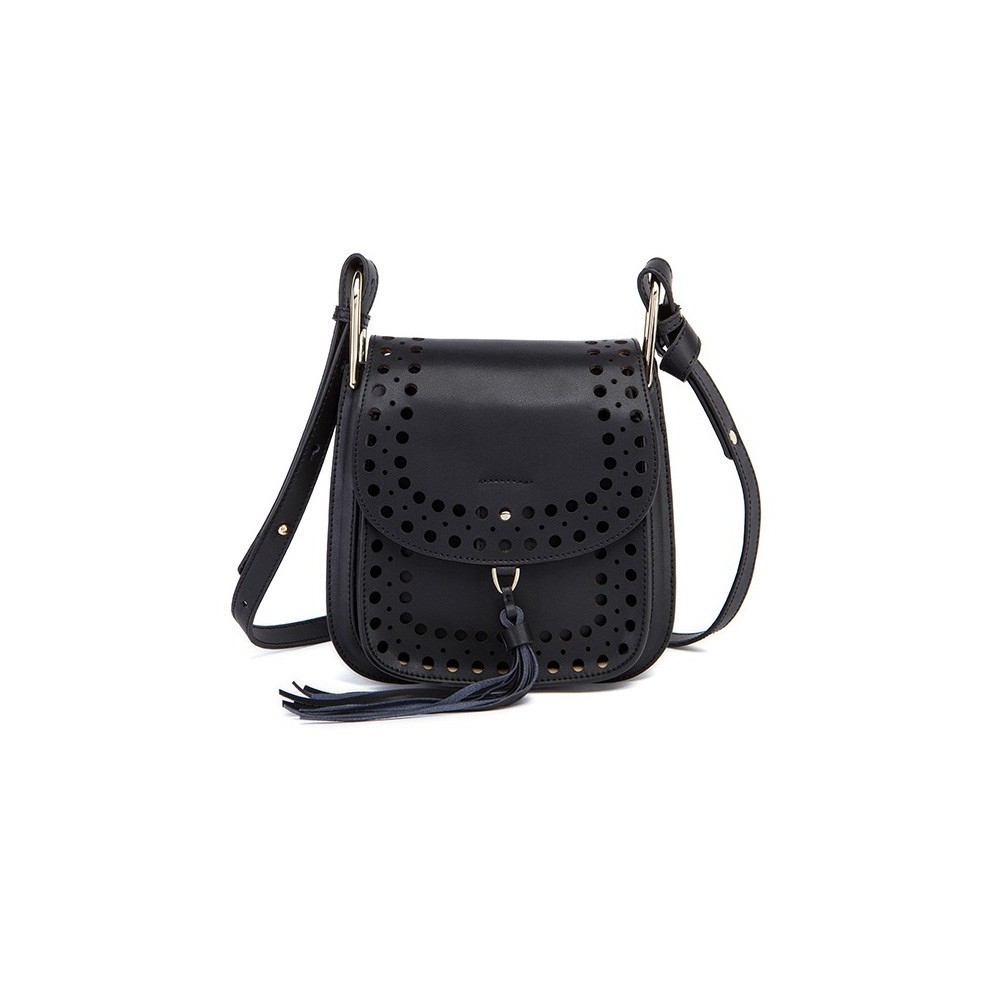 Rosaire « Brigitte » Perforated Shoulder Bag Made of Cowhide Leather with Tassel in Black Color 76216