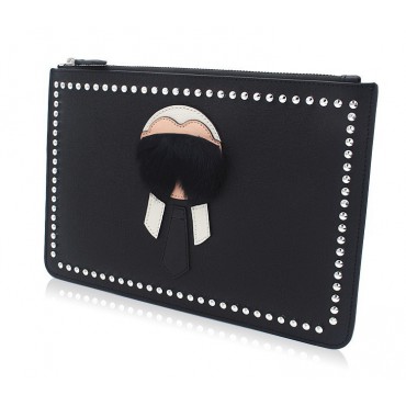 Rosaire « Mister » Clutch Leather Bag with Fur Detail Black and White 76219