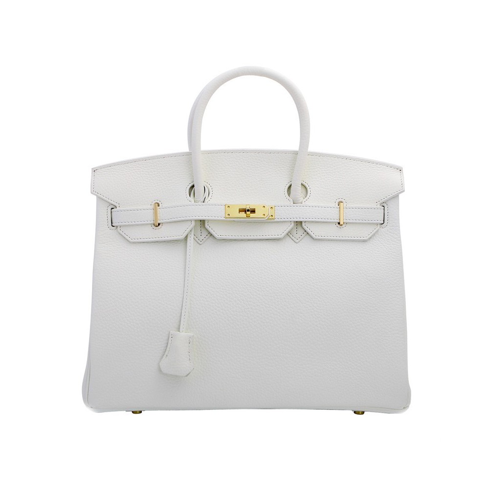 Rosaire « Beaubourg » Genuine Cowhide Full Grain Leather Top Handle Bag Padlock in White Gold / 15881
