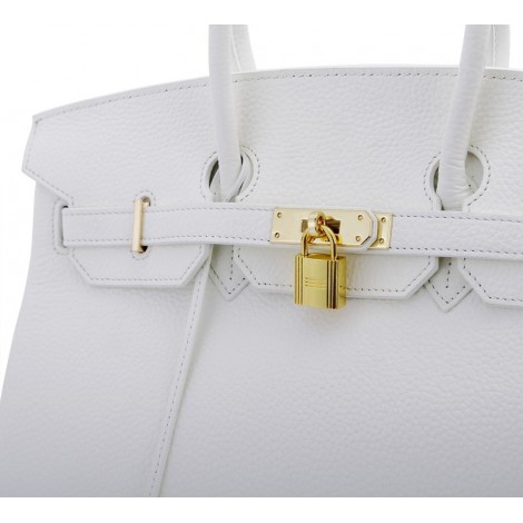 Rosaire « Beaubourg » Genuine Cowhide Full Grain Leather Top Handle Bag Padlock in White Gold / 15881