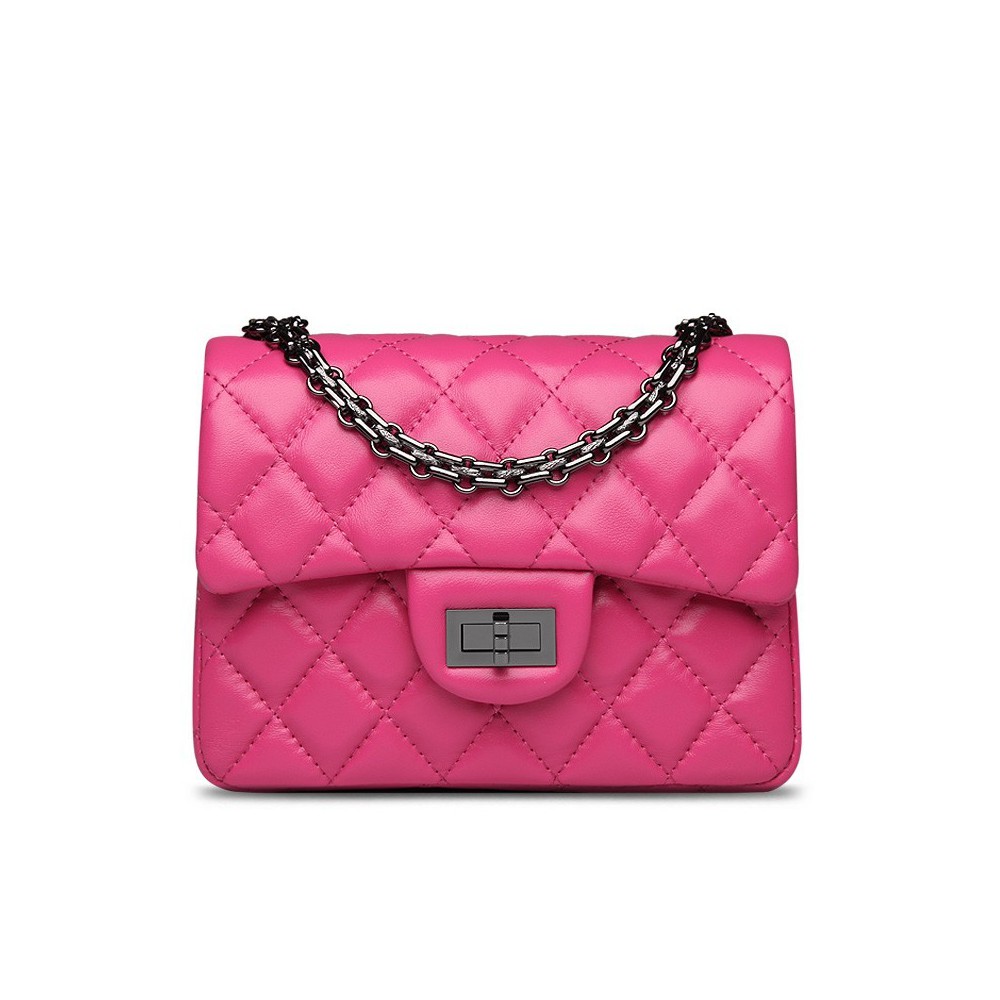 Rosaire « Madeleine » Quilted Lambskin Leather Shoulder Flap Mini Bag with  Chain / Magenta Color / 75111